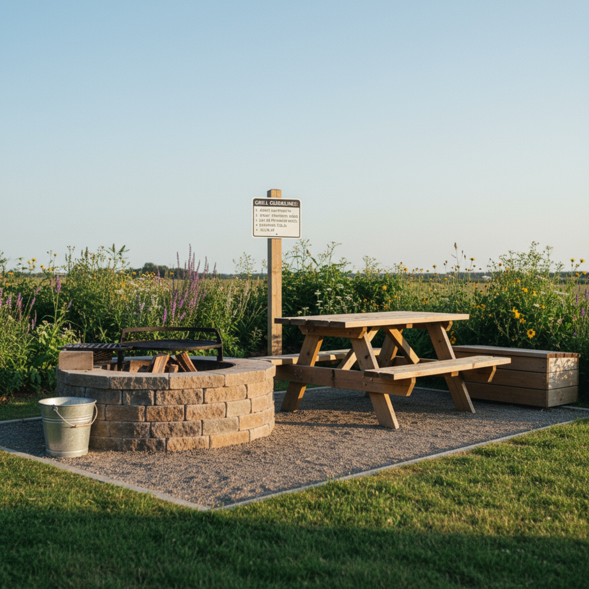 Eine gemauerte Grillstelle mit sauber abgegrenzter Feuerfläche steht neben einem stabilen Holztisch. Ein laminiertes Hinweisschild zur Nutzungsordnung hängt am Pfosten. Die Sonne streift die Szene, der Platz ist aufgeräumt und bereit für den nächsten Termin. Der Eindruck: klare Regeln, sichere Nutzung.