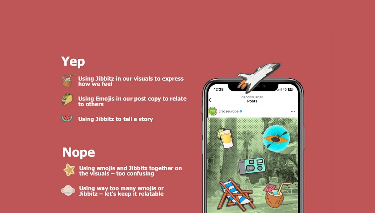 Crocs Europe social media visual content brand guidelines showing 'Yep' and 'Nope' Jibbitz and emoji usage rules alongside iPhone mockup of CrocsEurope Instagram post with illustrated Jibbitz sticker overlays on dusty red background