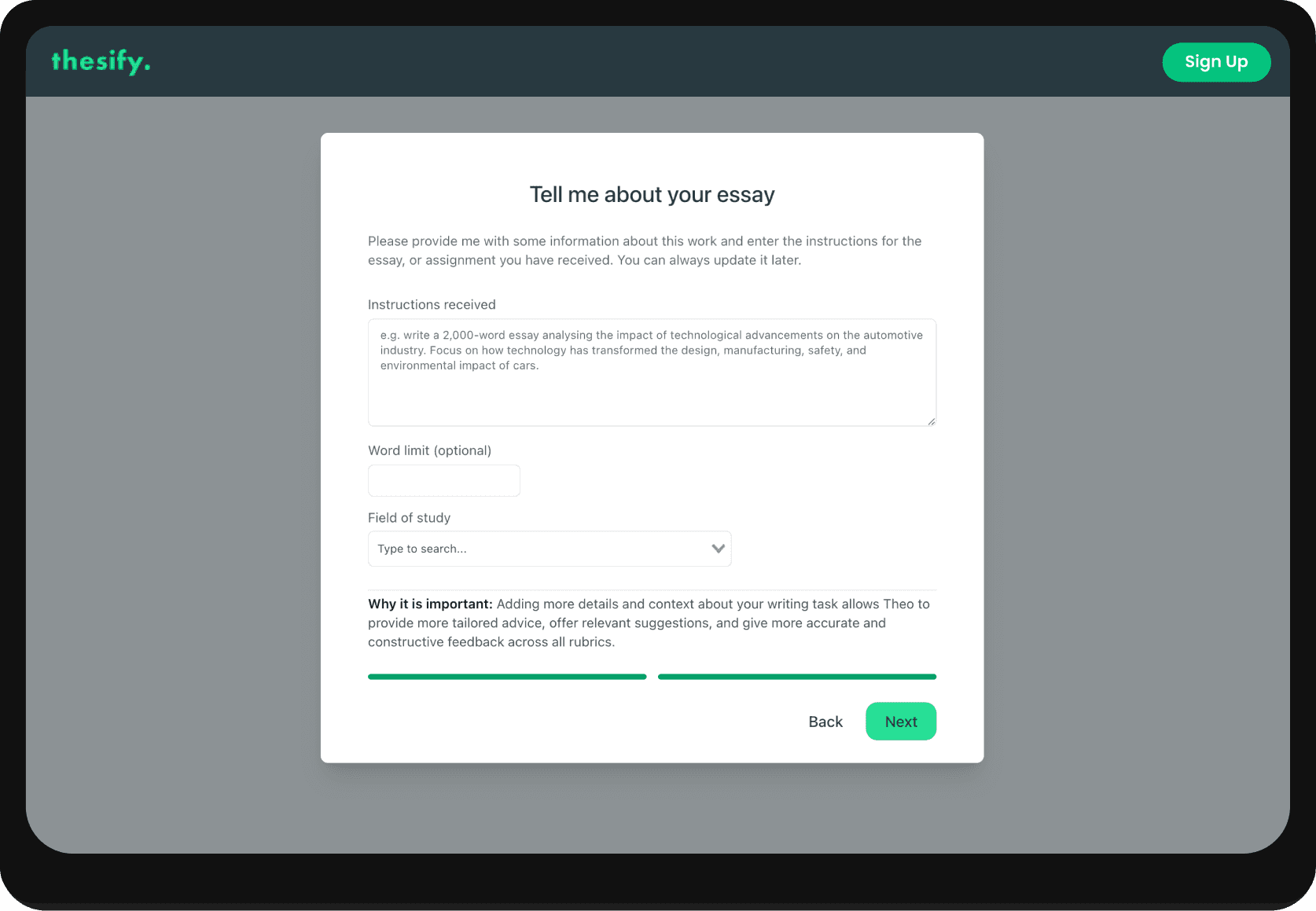 Screenshot of the onboarding questions after uploading a draft in thesify