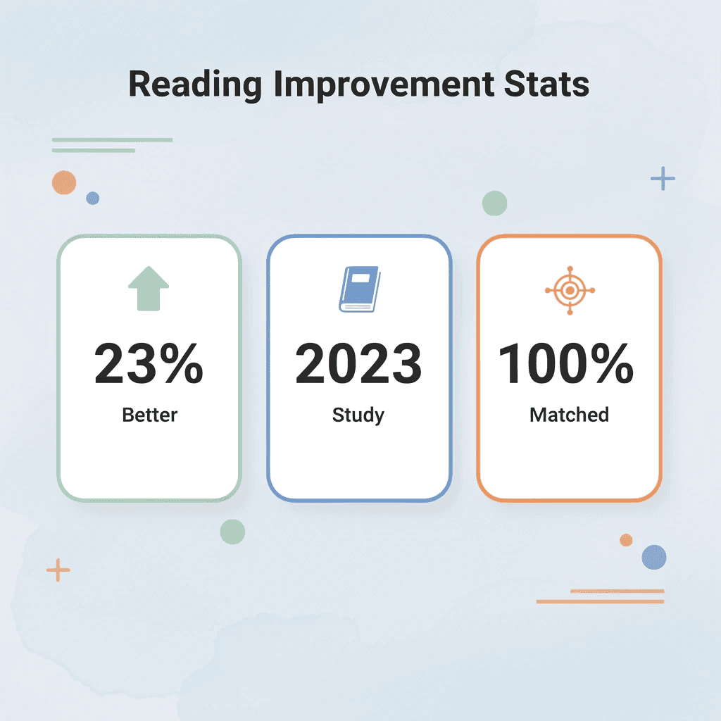 Statistics showing 23% better reading comprehension with matched programs