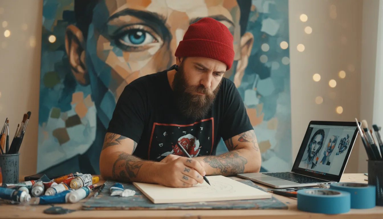 DSLR photography of a focused male artist with a beard and arm tattoos, wearing a red beanie and a black graphic t-shirt in his creative studio. He is meticulously drawing with a black pen on a light-colored surface next to an open silver laptop. The workspace is cluttered with paint, brushes, and painter's tape. Soft, diffused indoor lighting creates a focused, artistic mood. The background features a large, out-of-focus abstract painting of a face with an eye, creating a shallow depth of field with significant bokeh.
