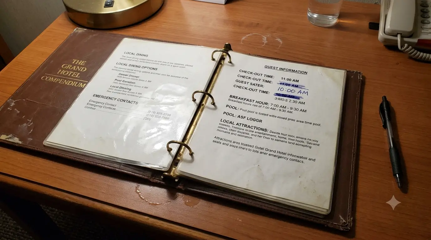 Outdated printed hotel guest directory binder with a crossed-out checkout time.