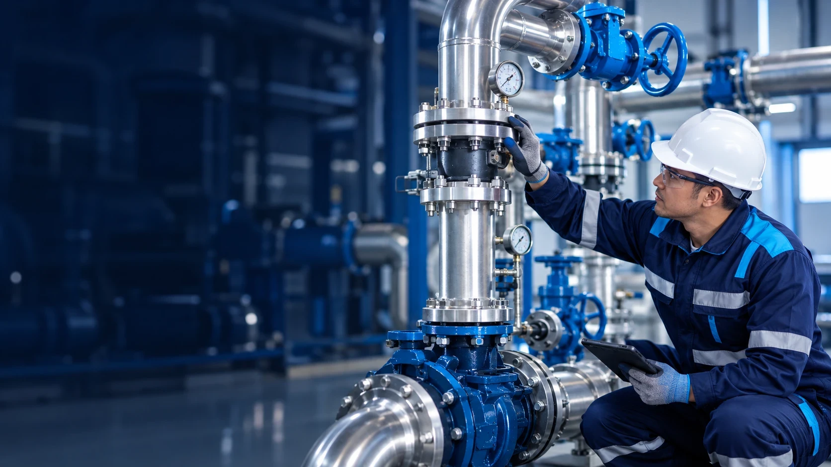 Técnico de FERREVALCO inspeccionando válvulas industriales