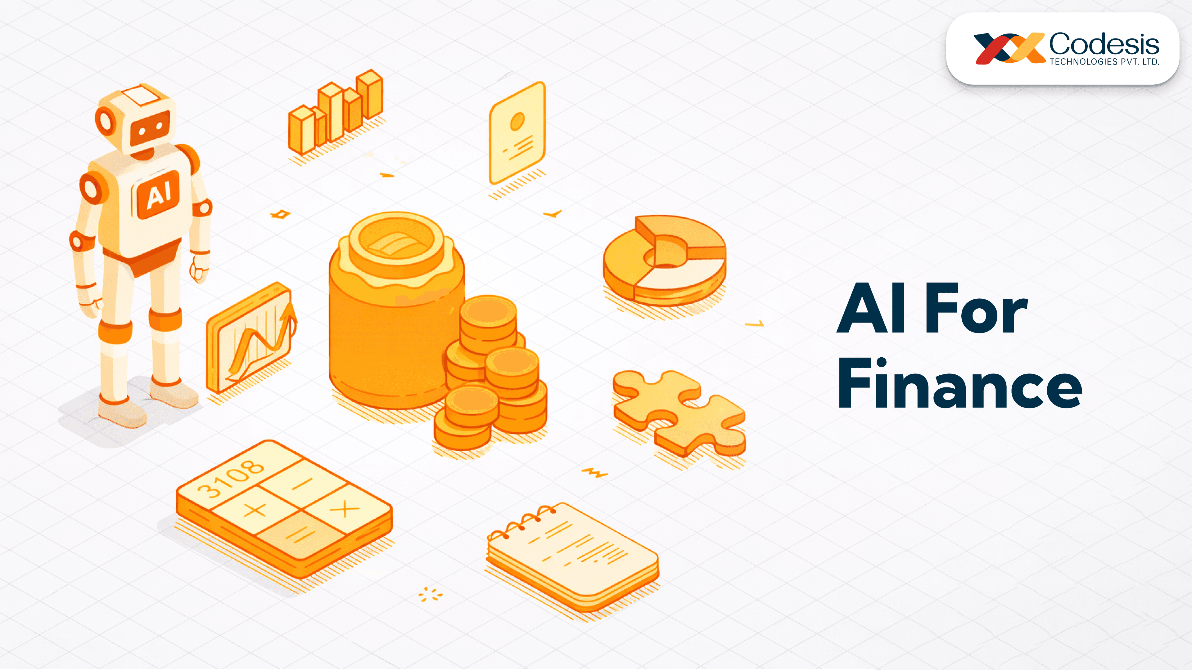 AI illustration for finance showing a robot, charts, coins, calculator, and financial analytics elements with “AI for Finance” text and Codesis Technologies branding.