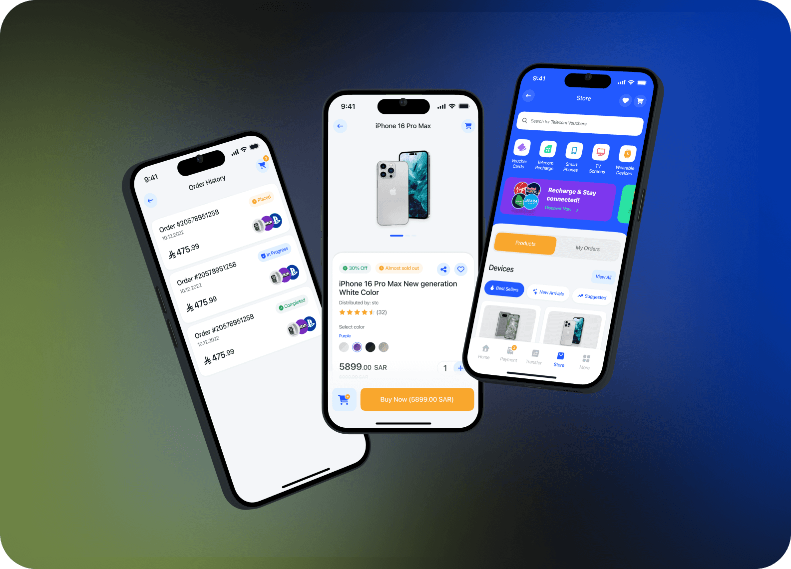 Three iPhones displaying a banking app