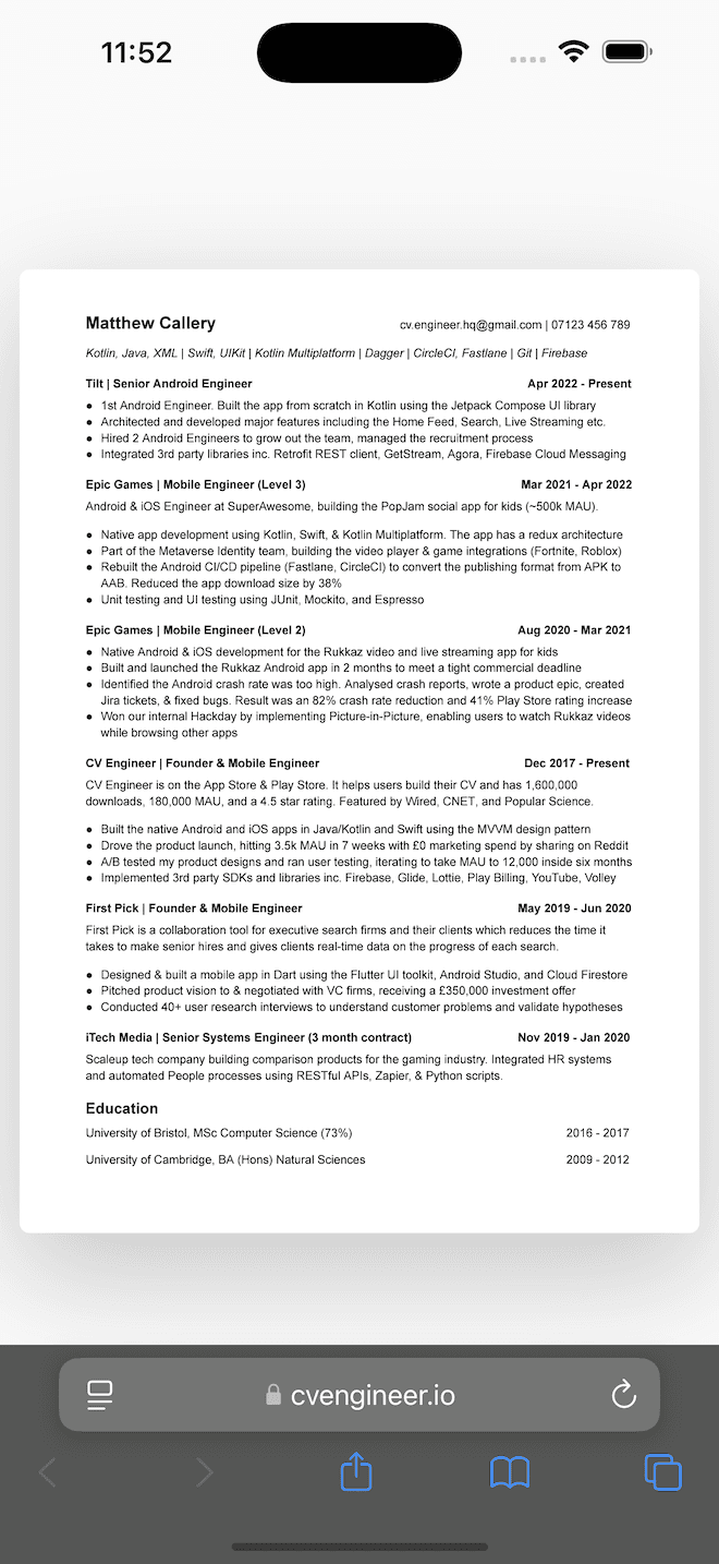 Example of CV Engineer's Resume Hosting feature showing a resume in the web browser on an iPhone.