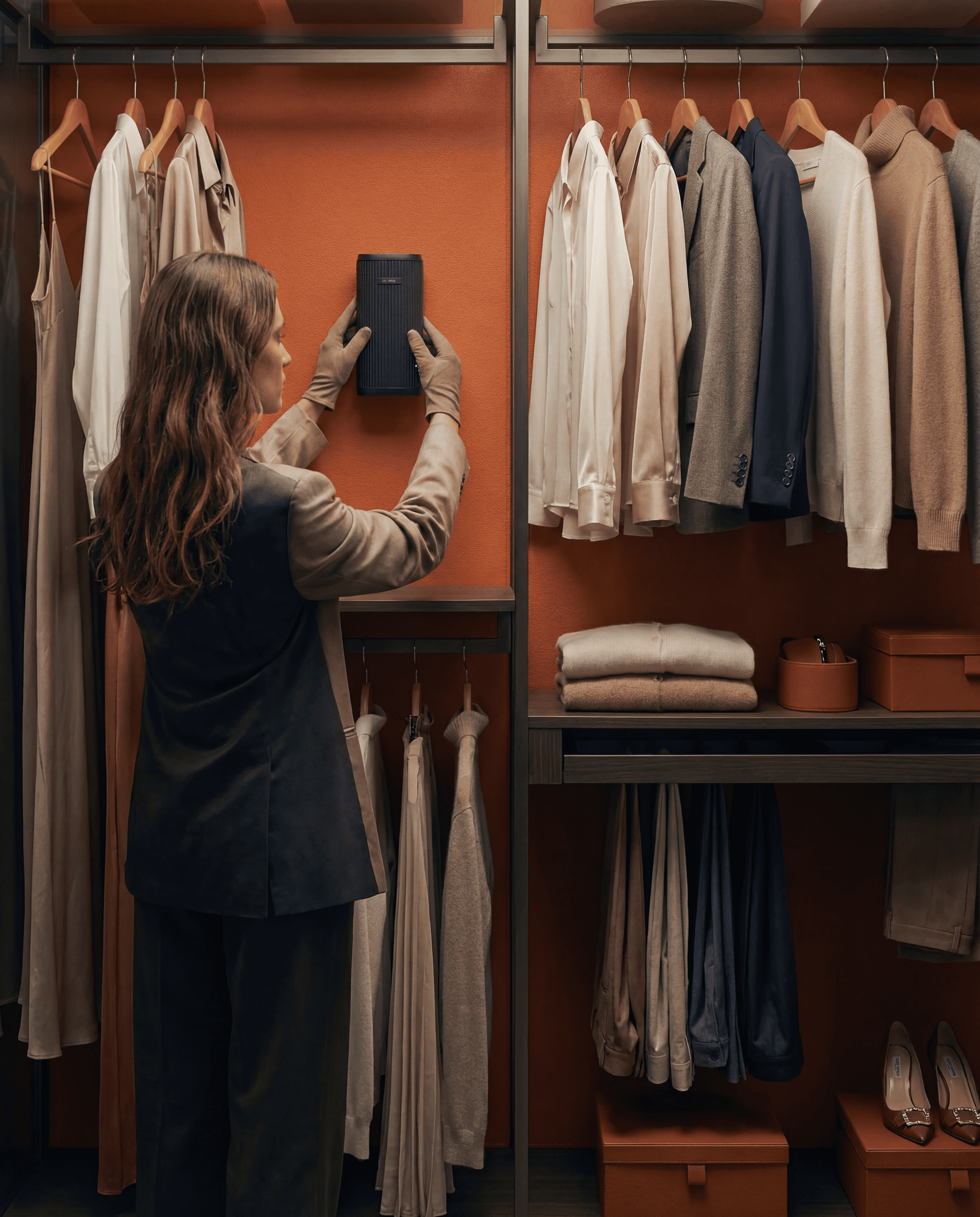 Minimalist architecture with geometric buildings and a lone figure on a rooftop, featuring a monochrome color scheme.