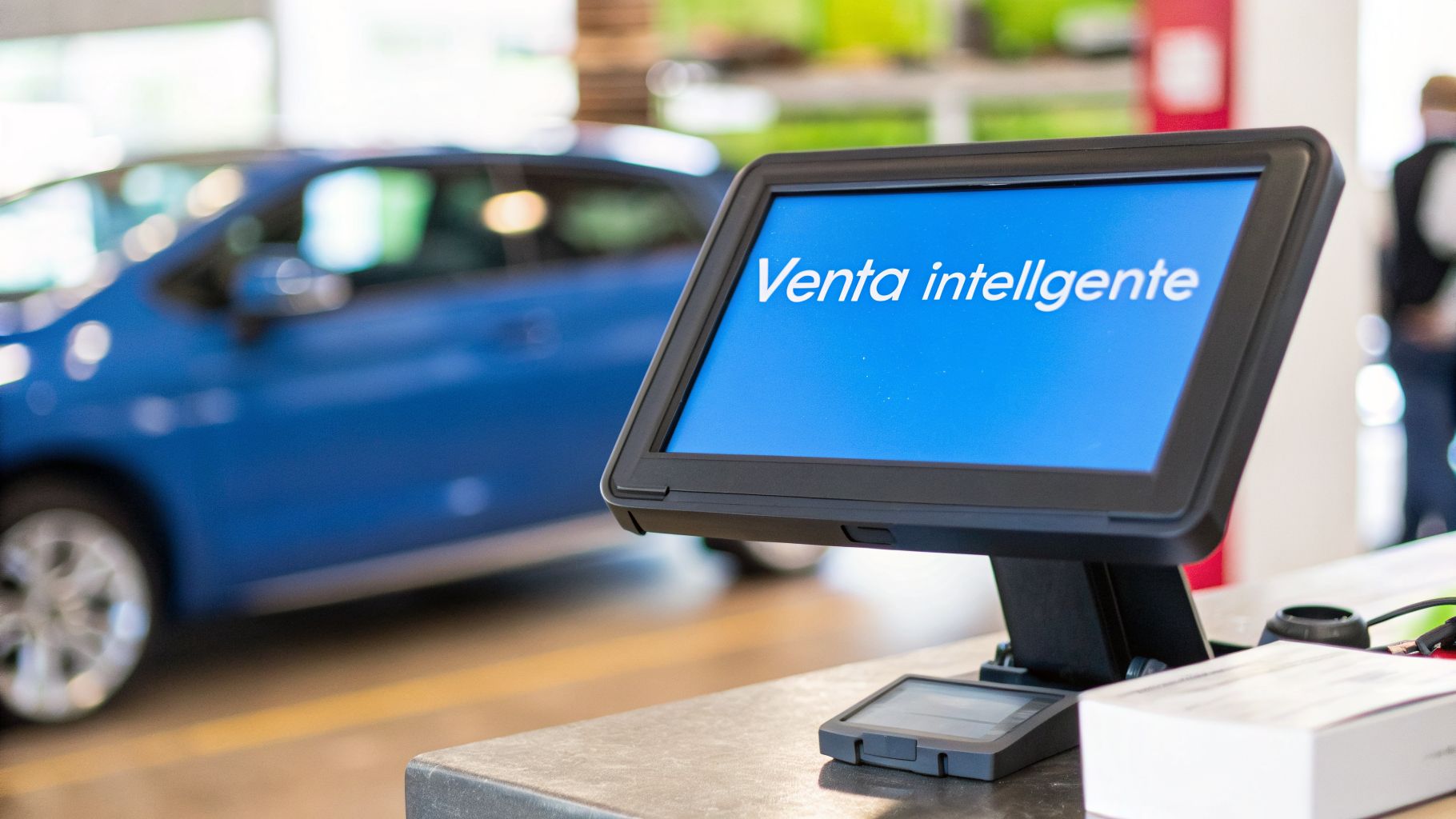 Pantalla de computadora en una concesionaria mostrando 