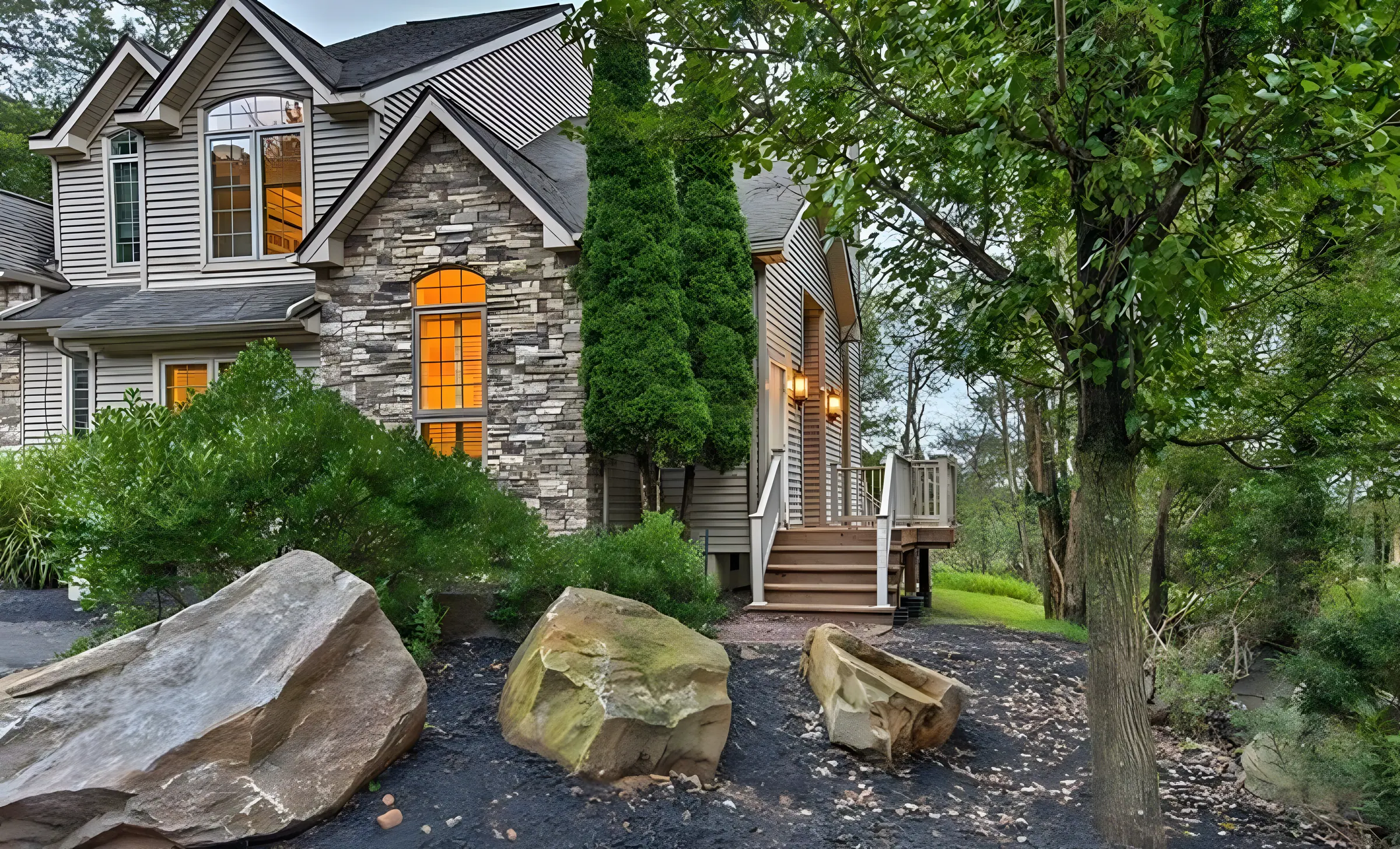 Stone and siding home with lit entry stairs and boulder landscaping at SummitWind, Big Boulder, Lake Harmony, PA