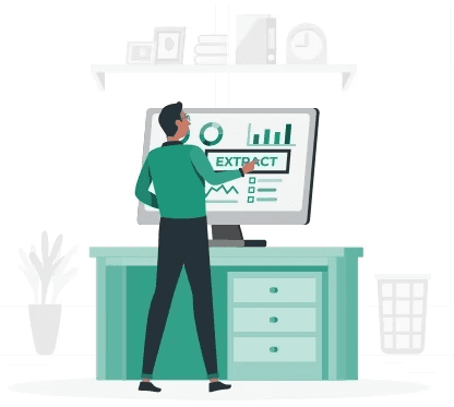Illustration of a professional using a data extraction and visualization system, representing CaseWhen Consulting’s expertise in Power BI consulting and business intelligence solutions.