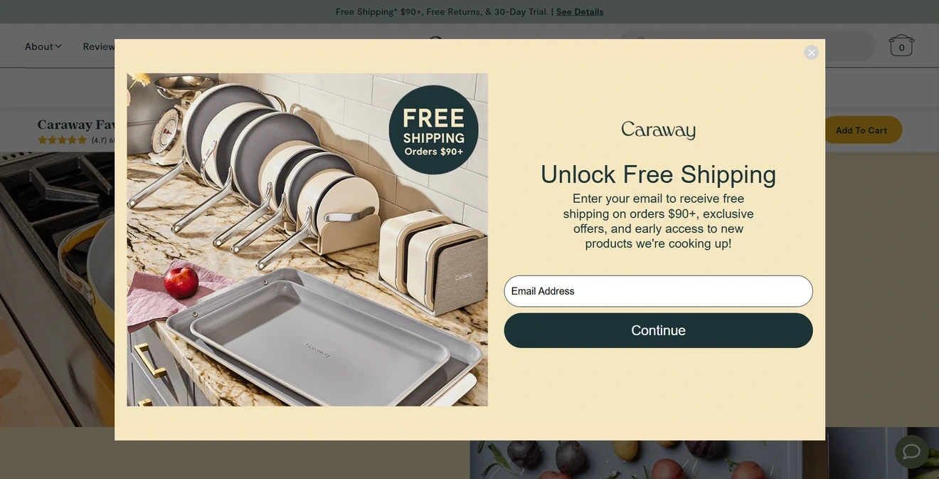 Caraway email opt-in form offering free shipping on orders of $90 or more.