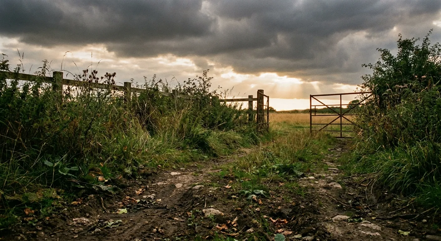 Rural landscape with gate under stormy sky; RockN' Socials Digital Marketing Agency.