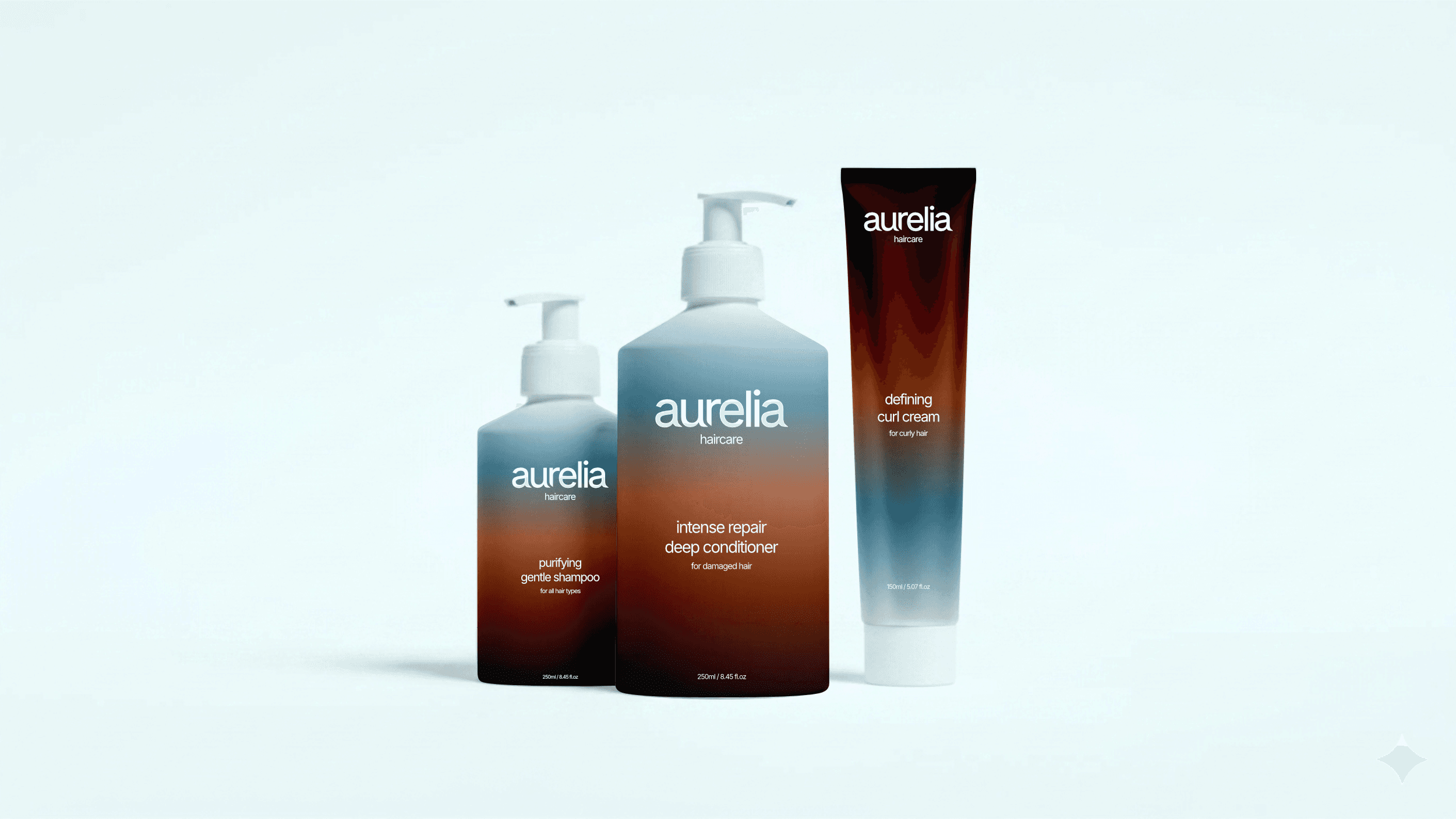 Aurelia Haircare packaging design bottles. The bottle features a simple design with a blue and brown gradient.