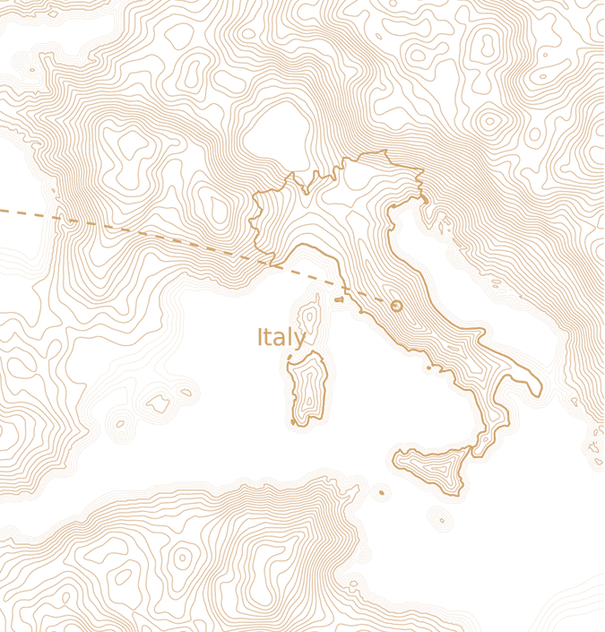 Topographic map of Italy with a dashed line tracing a route from the west to central Italy