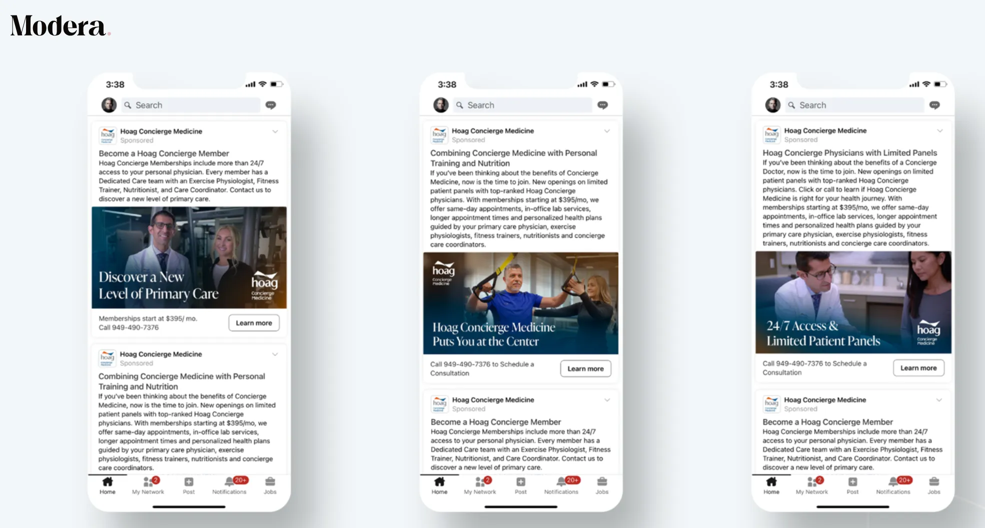 Three examples of LinkedIn sponsored ads from a healthcare provider displayed on mobile screens, showcasing different messaging and creative approaches for patient acquisition campaigns.