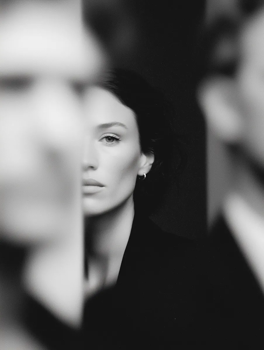 Black-and-white portrait of a woman with dark hair, partially obscured by blurred figures