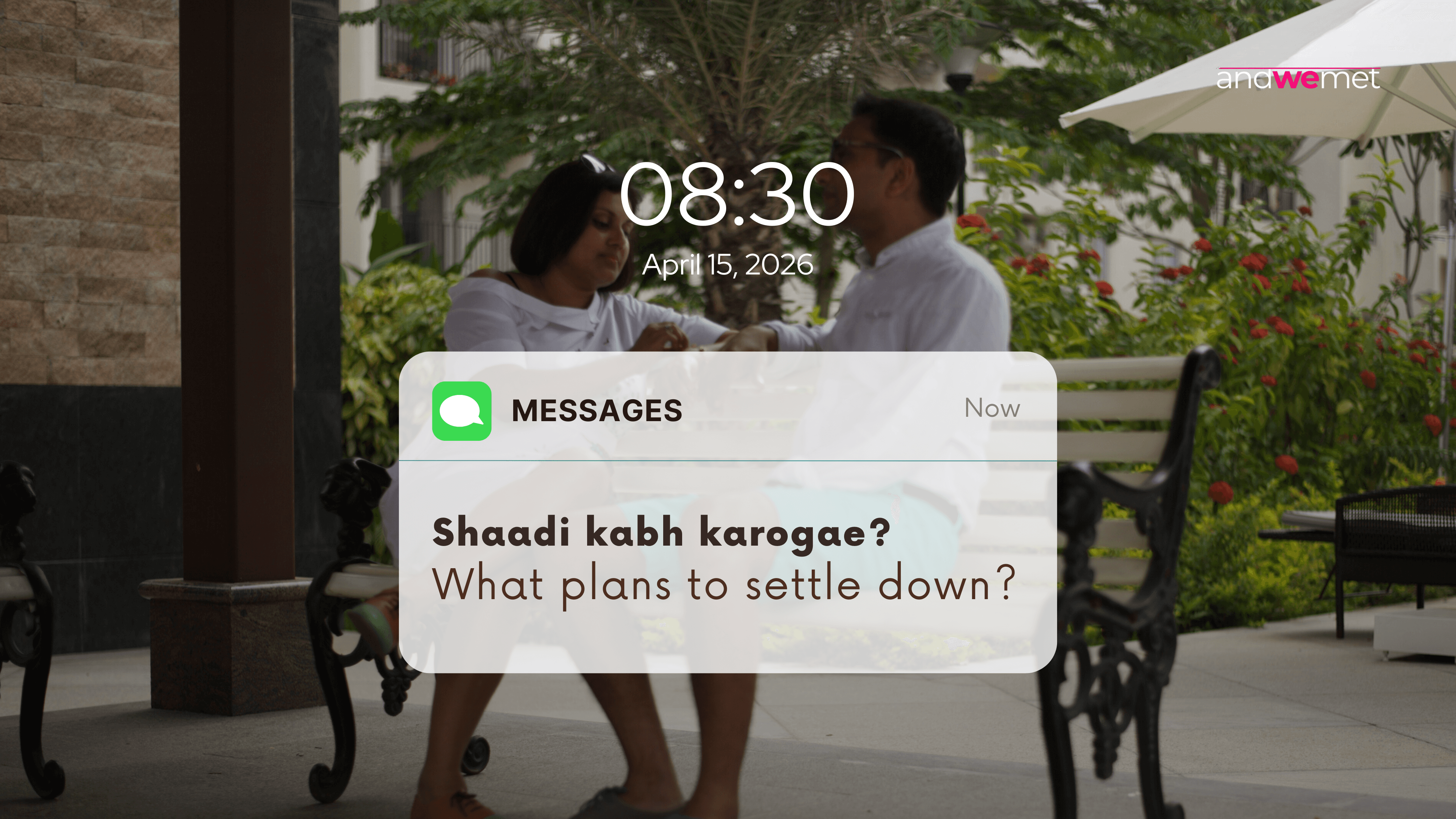 Message notification asking when will you marry overlaying couple image showing social pressure on unmarried individuals