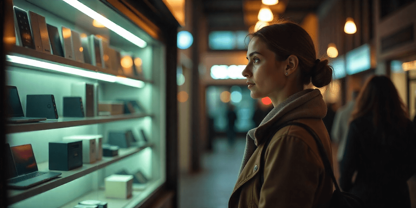 Woman looking at a lit display shelf with electronics in a shop. Focus on a device display and shopping experience.