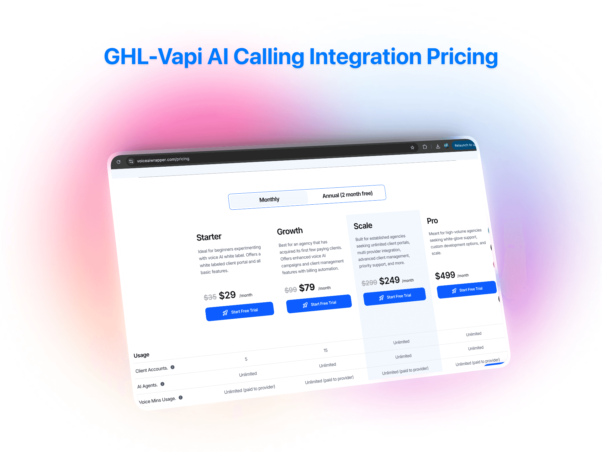 GHL-Vapi AI calling integration pricing page showing four tiers from Starter at $29/month to Pro at $499/month with feature comparison | VoiceAIWrapper
