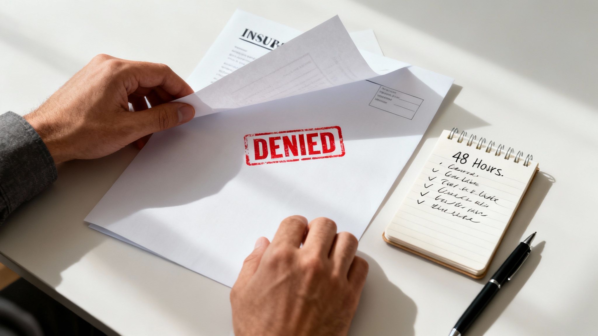 Hands opening an envelope stamped 'DENIED', revealing an insurance document, next to a 48-hour checklist.