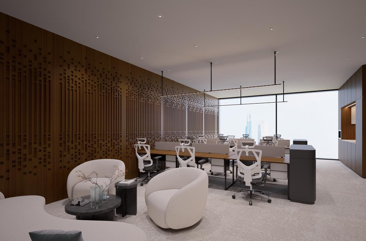 Professional coworking area with curved white seating, black coffee tables, and decorative wall panels.