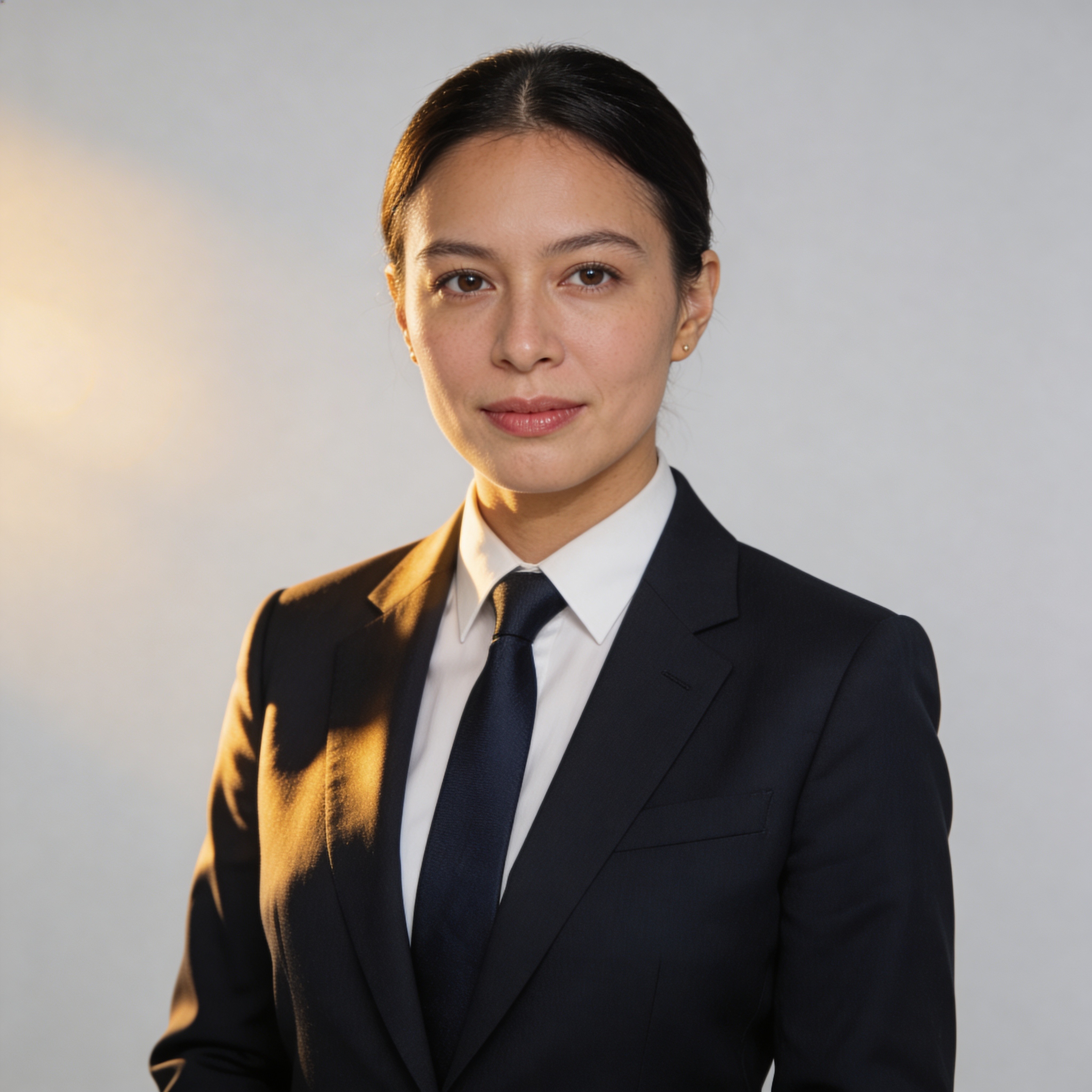 Young professional woman in a black suit, clean and composed corporate headshot