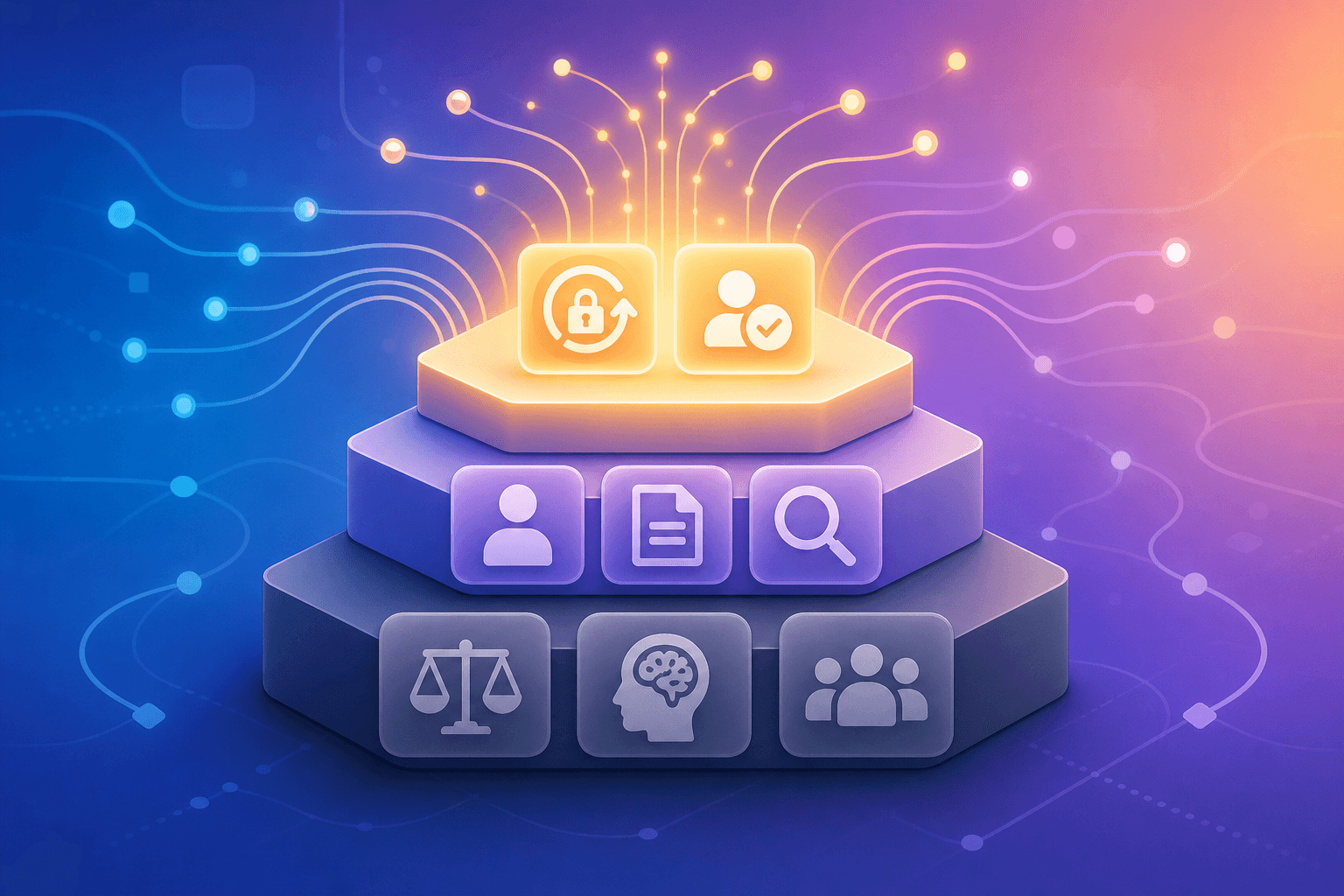 A clean, modern illustration showing a tiered priority framework for business tasks. A visual hierarchy with high-volume, low-complexity tasks at the top tier glowing brightly, such as password resets and status lookups represented as simple icons, and more complex judgment-required tasks at a lower tier in muted tones. Abstract enterprise workflow represented with flowing lines connecting nodes, a warm gradient background in blues and purples, flat design style with no text or labels.