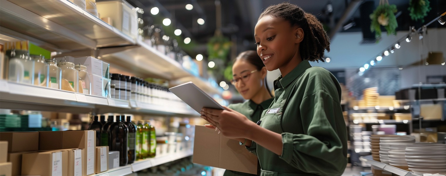 Two store attendants stock shelves with the help of GenAI for retail operations.