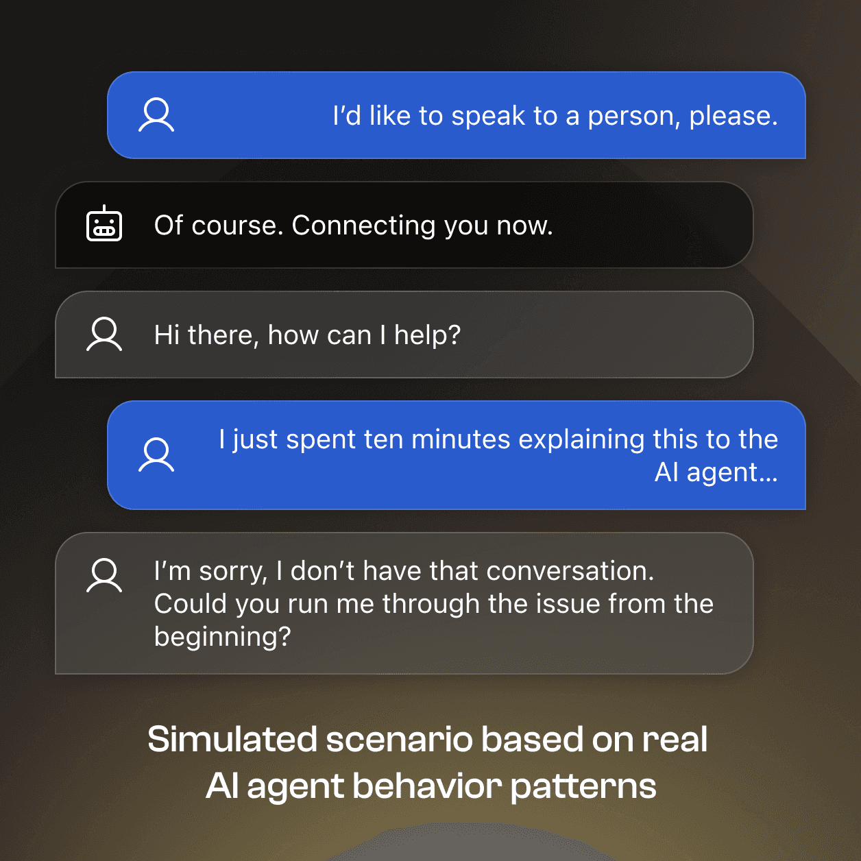Example of a broken customer service handoff where the AI agent fails to transfer chat conversation context to the human rep.