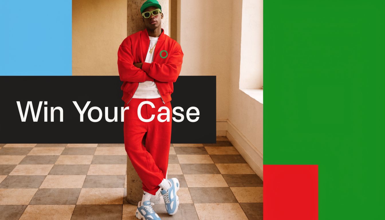 A stylish young man wearing a red tracksuit and green glasses stands against a pillar, leaning confidently.