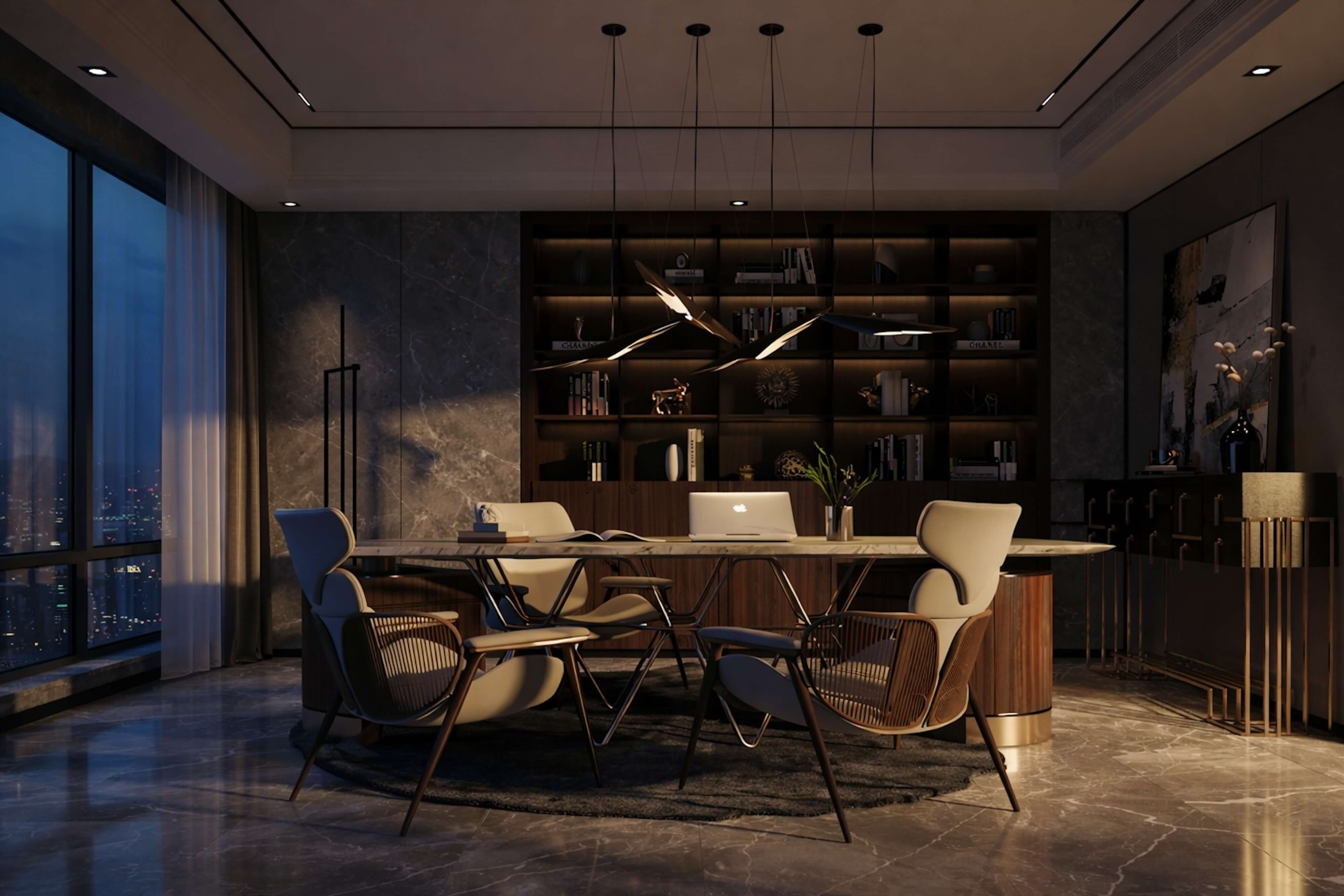 Modern luxury home office with dark tones, marble desk, and ambient lighting