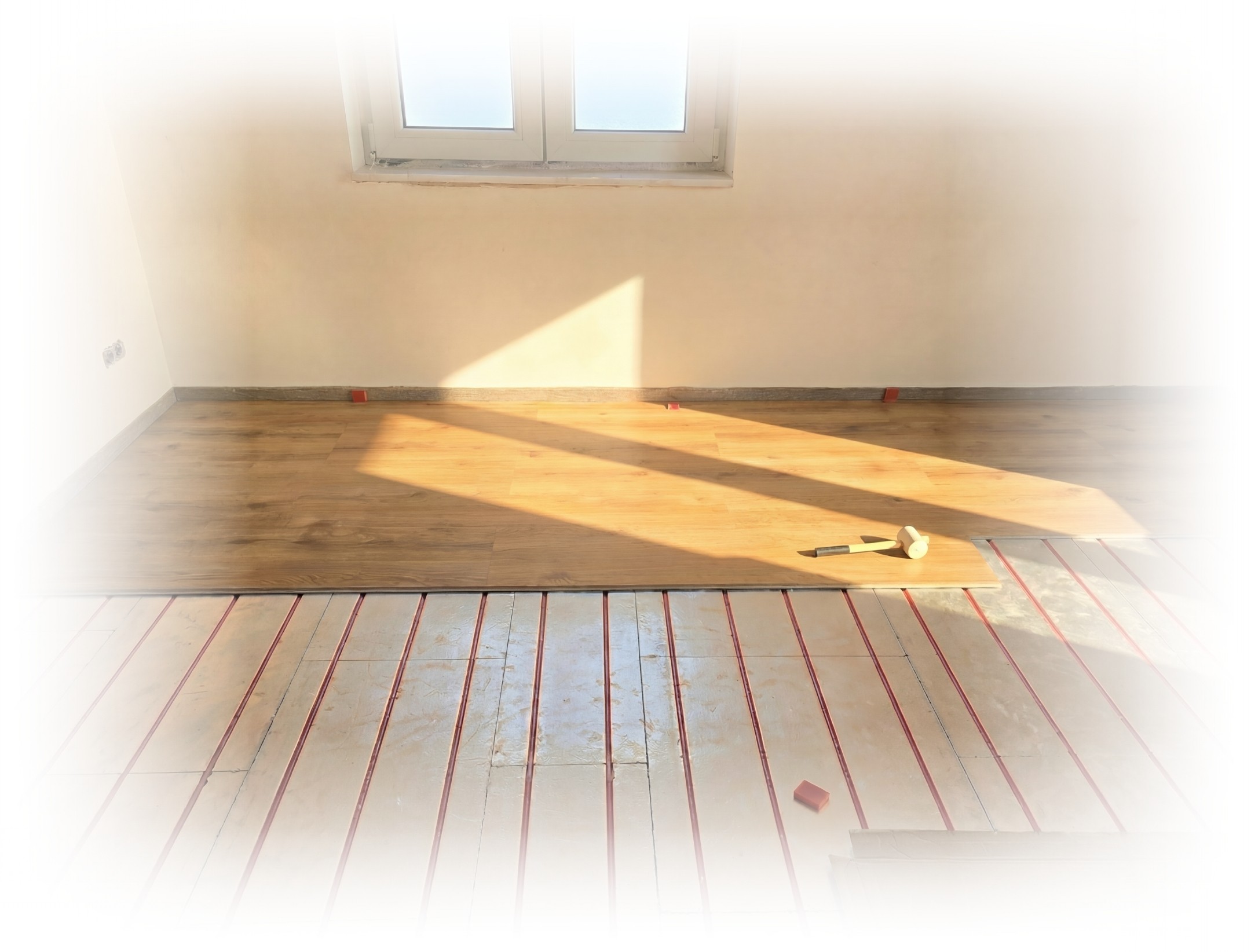 Header Bild für mobile Version mit einem Baby und einer Auflistung verschiedener Merkmale unserer Fußbodenheizung.