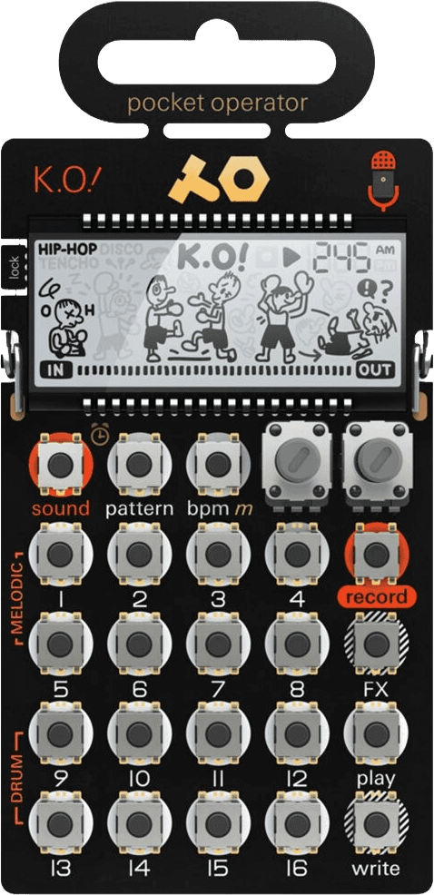 Teenage Engineering PO-33 K.O! pocket operator, a black sampler with grey buttons, a red record key and an LCD screen with boxing graphics.