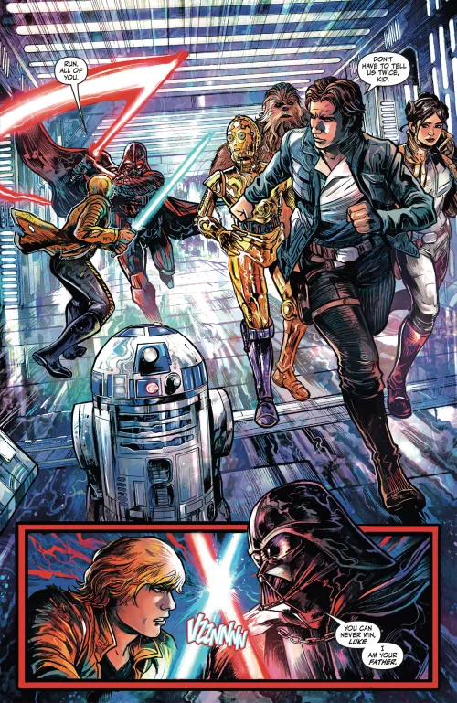 Preview page for Star Wars: Tales from the Nightlands #2 featuring Luke Skywalker, Han Solo, Princess, Leia, Chewbacca, and R2-D2 fleeing from Darth Vader