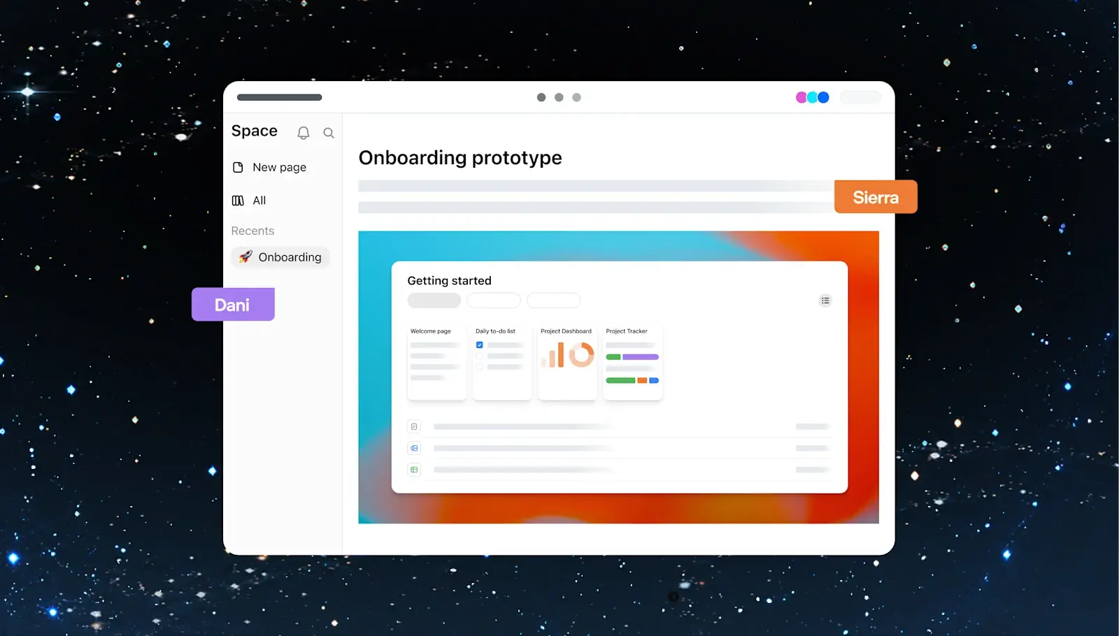 ChatGPT Space mit Seitenleiste und einer Page, in die ChatGPT einen Onboarding-Prototyp gebaut hat