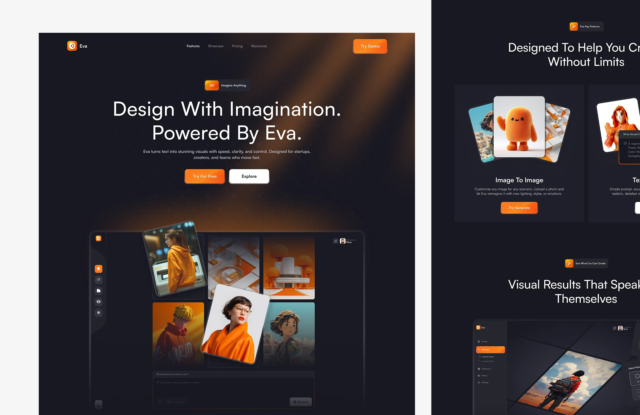 AI image generation website hero design with dark UI, creative visuals, and modern SaaS product layout