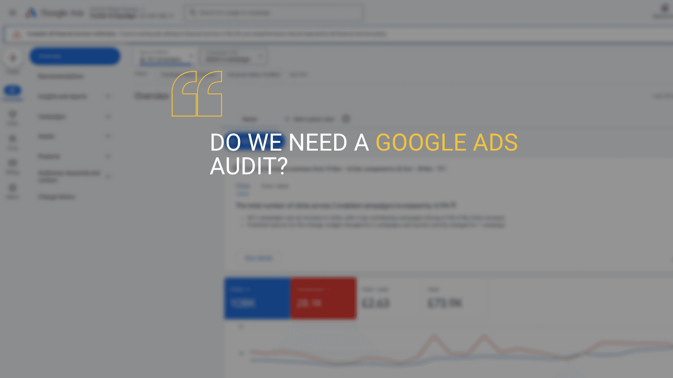 A blog image for 'Do We Need a Google Ads Audit?' with an image of a blurred Google Ads interface in the background.