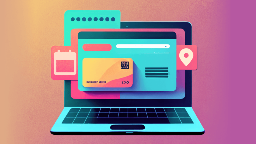 Illustration of a laptop with a payment card, calendar and location icon, showing a customisable checkout