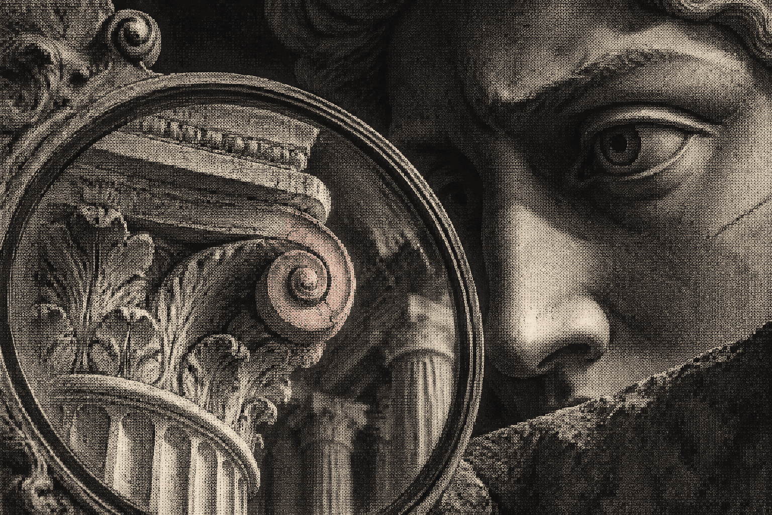 A fragmented marble face with one eye examining a cracked column capital through a large lens