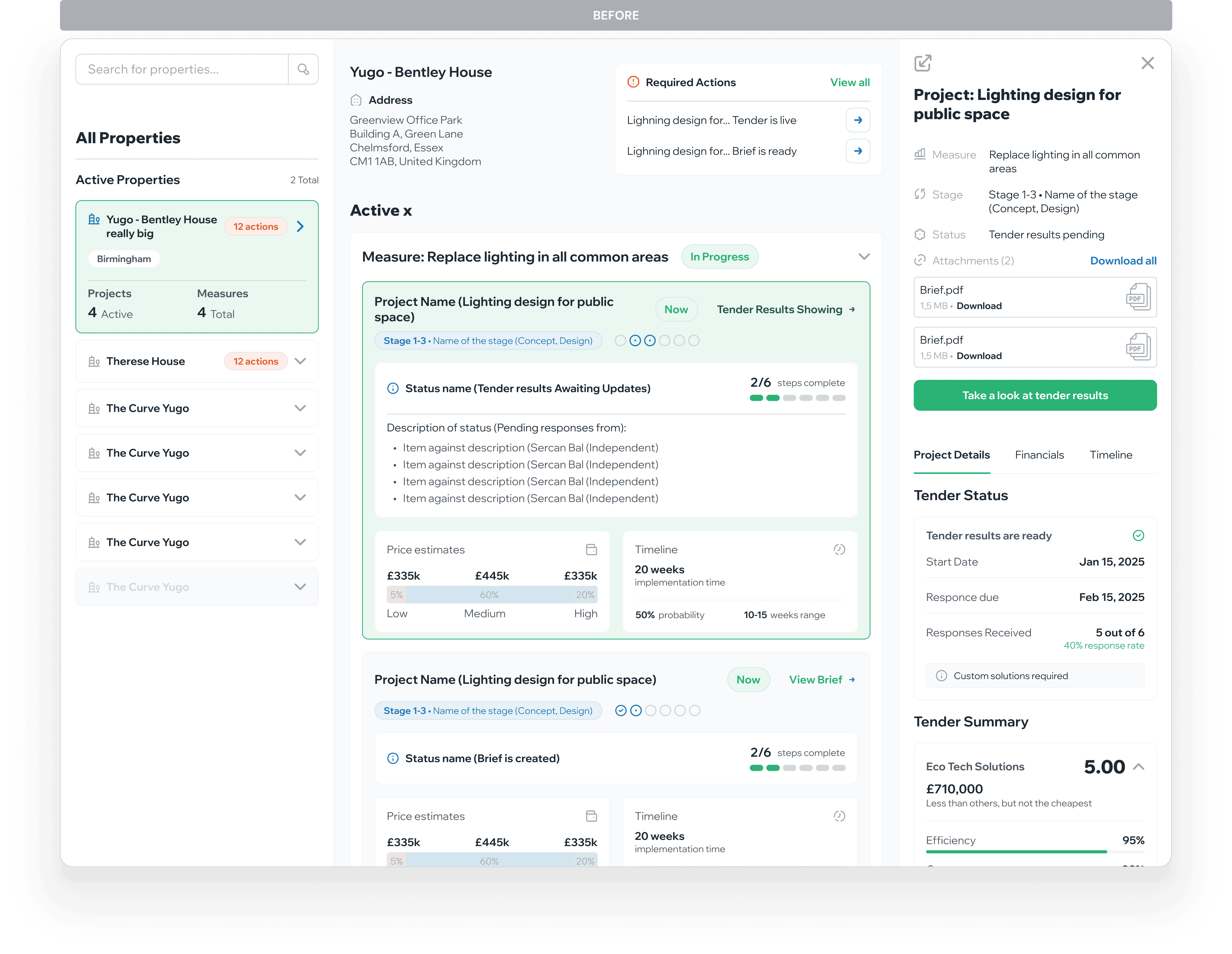 Before redesign: complex property dashboard with nested projects, multiple data points, price estimates, and tender status requiring users to navigate through layers to find actions