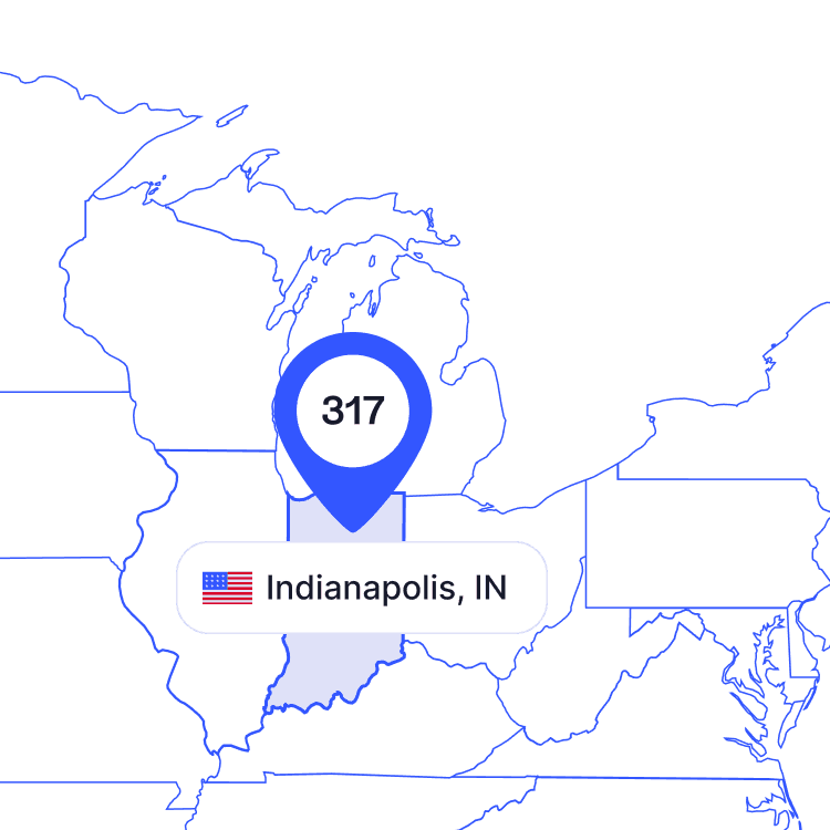 US map of 317 area code phone numbers and its coverage region