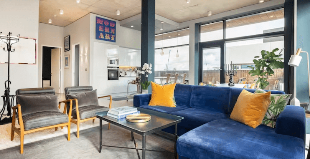 Open-plan living and dining area at Warehaus in London Fields