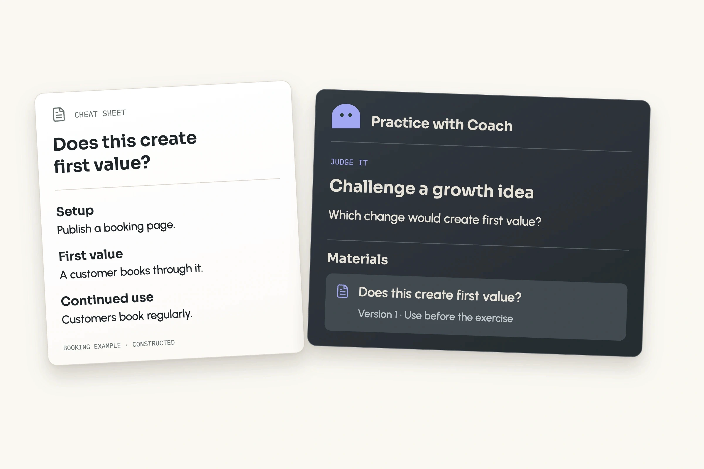 A first-value cheat sheet attached for use before an exercise.