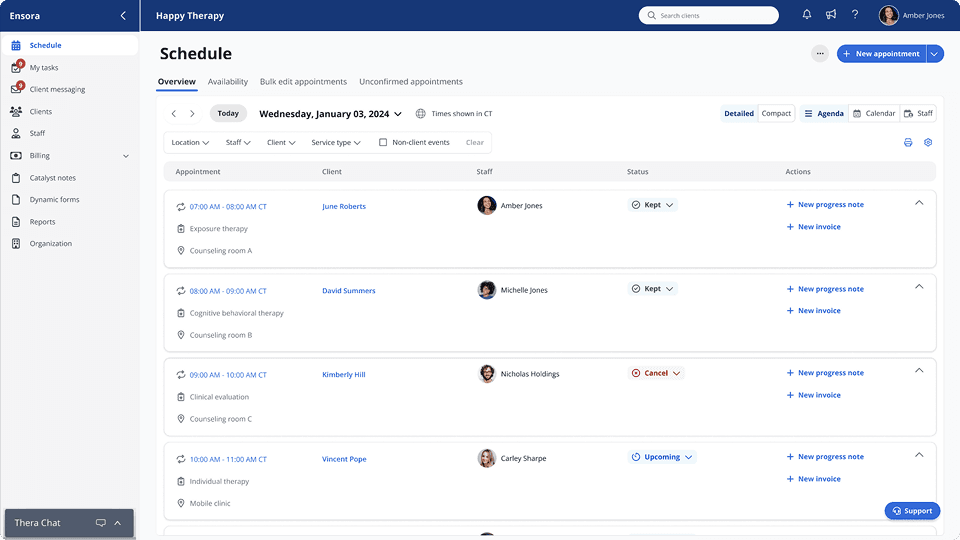 Therapy scheduling dashboard showing a list-based daily schedule with clients, assigned clinicians, appointment statuses, and quick actions within a healthcare web application.