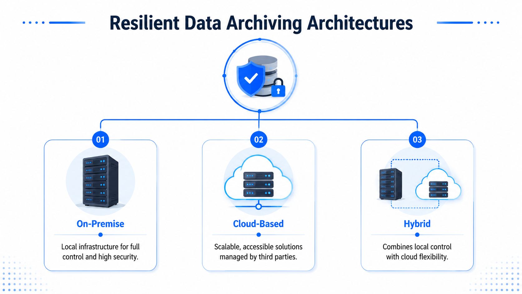 A diagram illustrating three resilient data archiving architectures: on-premise, cloud-based, and hybrid storage solutions for businesses.