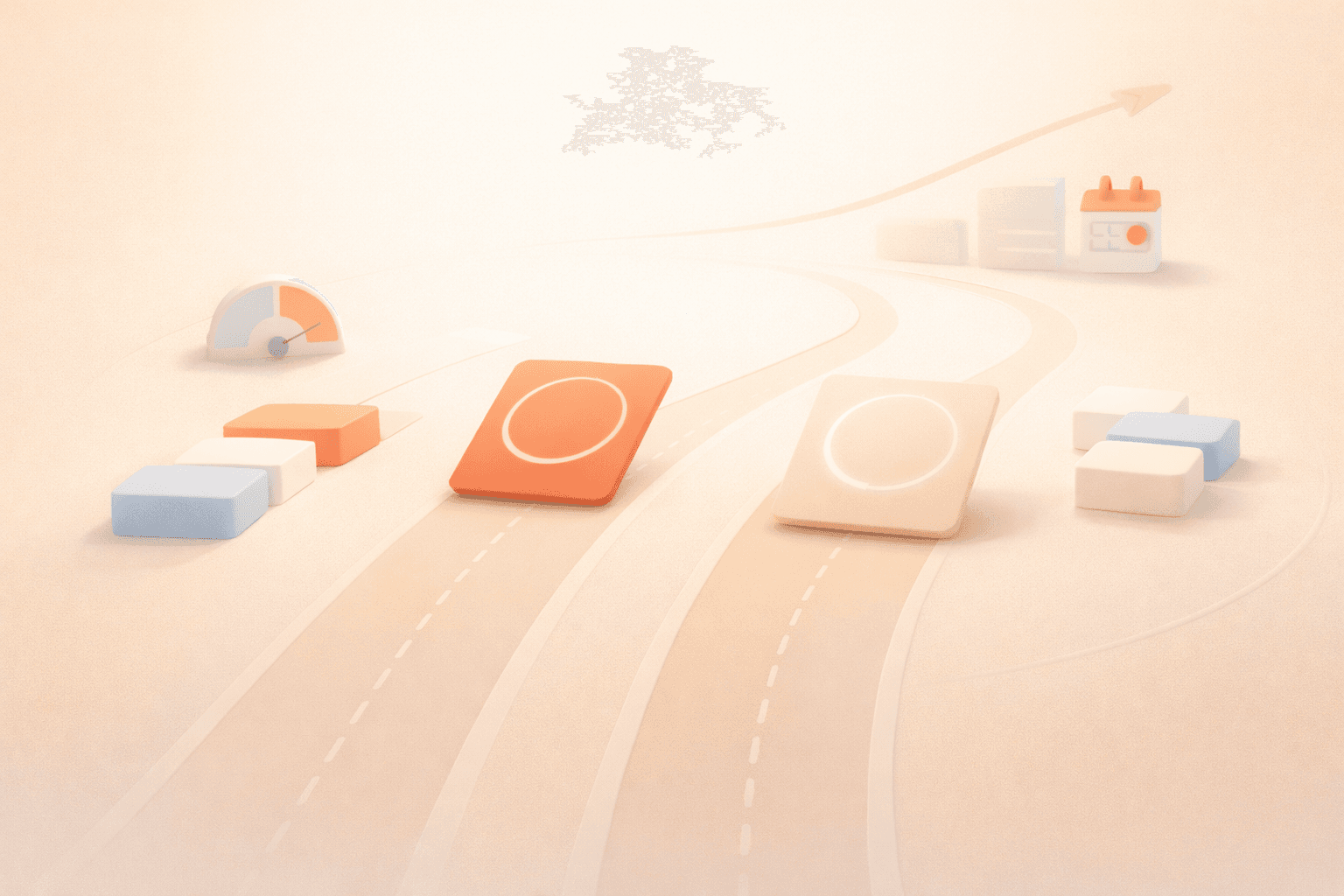 Minimalistische 3D-Illustration in warmen Beige- und Pfirsichtönen: Zwei abgerundete Karten bewegen sich auf parallel verlaufenden, leicht geschwungenen Wegen nach vorne. Die vordere Karte ist in Korallorange hervorgehoben und symbolisiert den Fokus des Gründers, während eine zweite, hellere Karte daneben eine unterstützende Rolle darstellt. Entlang der Wege sind wenige, klar strukturierte Aufgabenblöcke verteilt, die sich sauber auf beide Spuren aufteilen. Im Hintergrund sind dezente Elemente wie ein kleines Diagramm mit Wachstumskurve, ein Kalender-Icon und ein Balance-Regler zu sehen, die Planung, Stabilität und Skalierung andeuten. Die Szene wirkt ruhig, aufgeräumt und strategisch, mit weichen Schatten, viel Freiraum und einer modernen, reduzierten SaaS-Ästhetik ohne Text oder Personen.