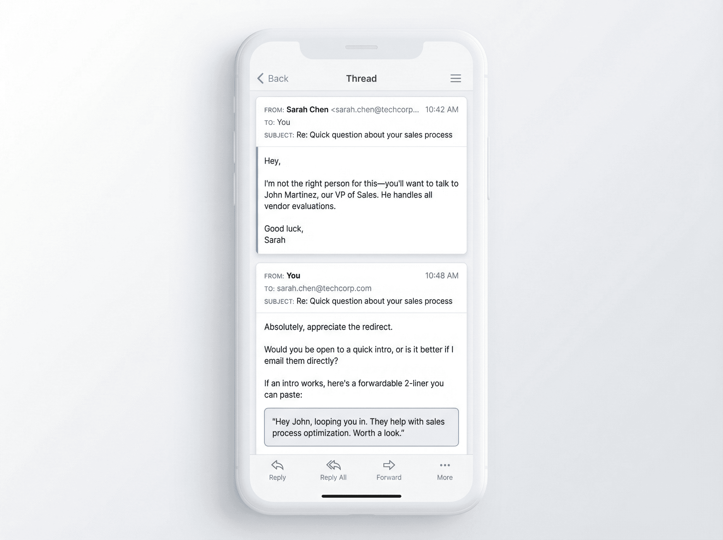 Email interface showing a referral reply and effortless handoff response with forwardable intro template