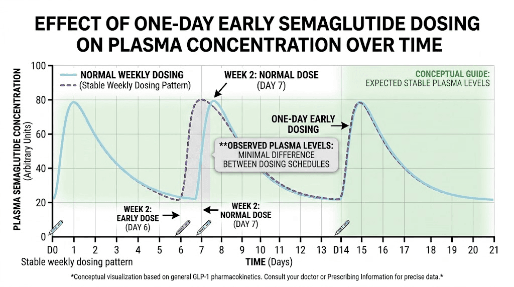 Semaglutide blood level comparison between normal weekly dosing and one day early injection
