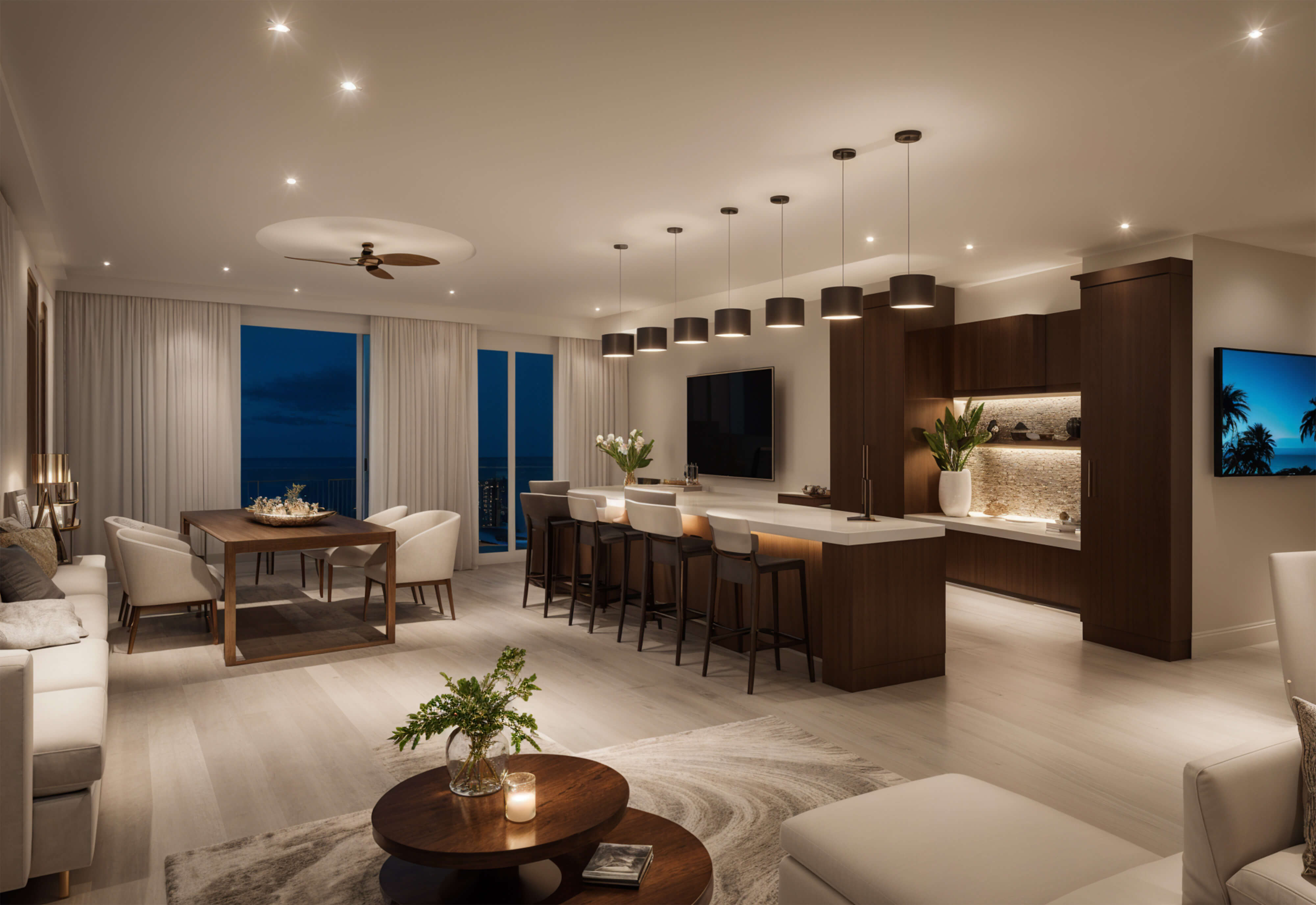Open-concept Florida condo with a luxury living and dining area featuring warm wood accents, layered lighting, and ocean views at dusk.