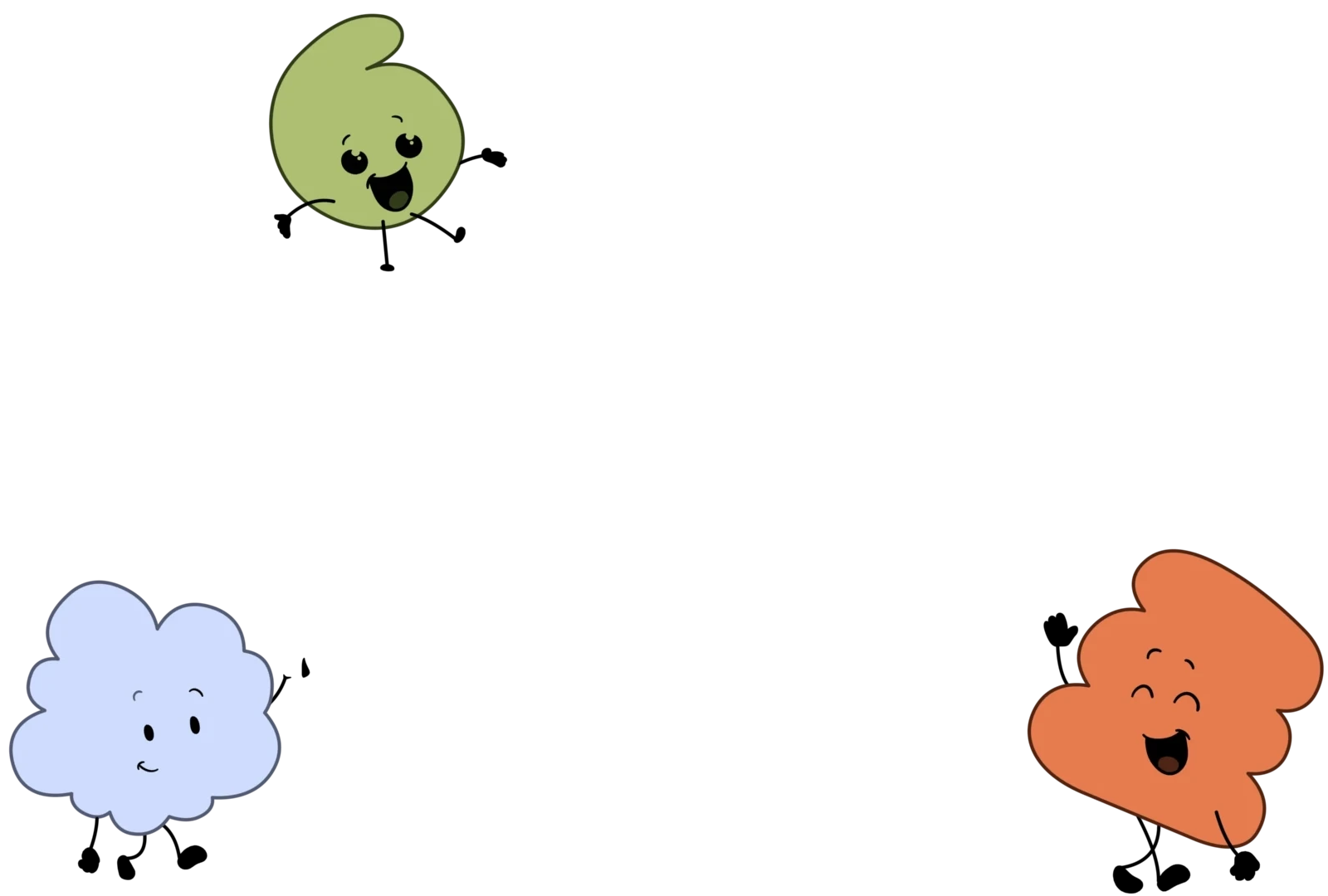Three smiling blob-style cartoon characters